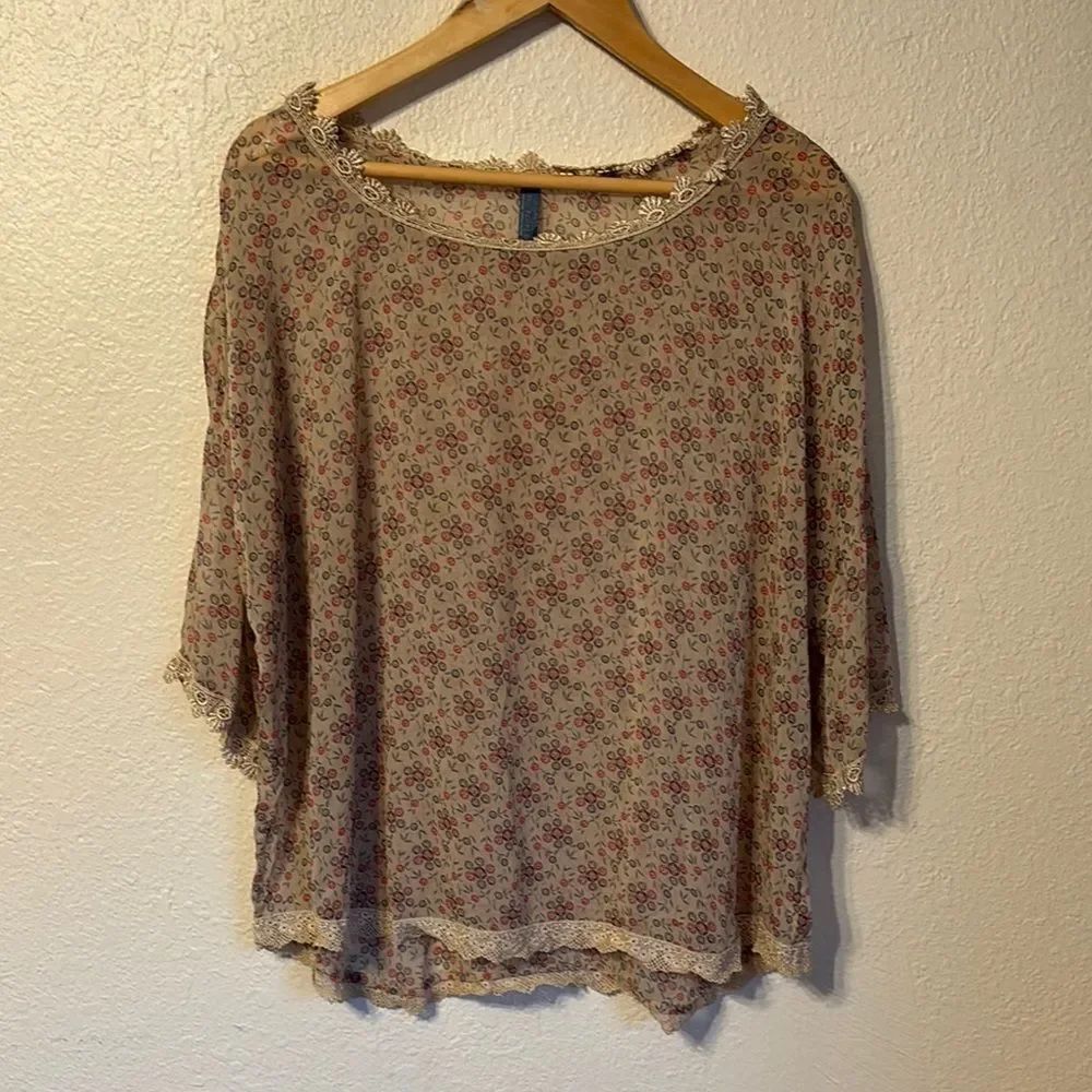 Free People Cottagecore Floral Lace Trim Blouse Small